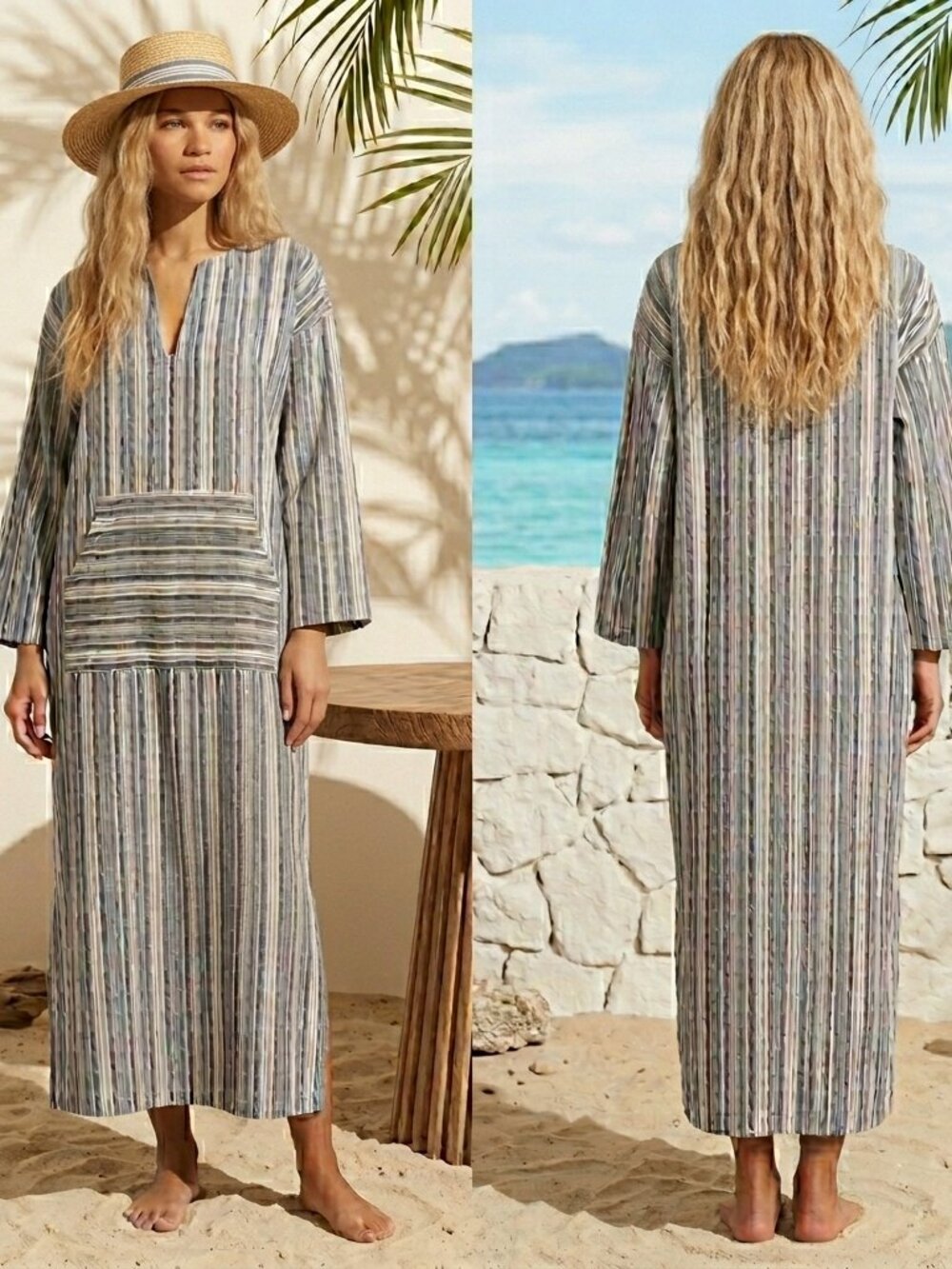 Boho Zanzee Striped Linen-Blend Kaftan Dress in Neutral Stripe NWT